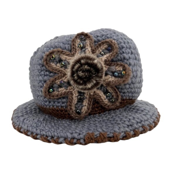 Vintage Inspired Cloche Crochet Knit Faux Fur Flower Beanie Bucket Hat - Picture 4 of 15